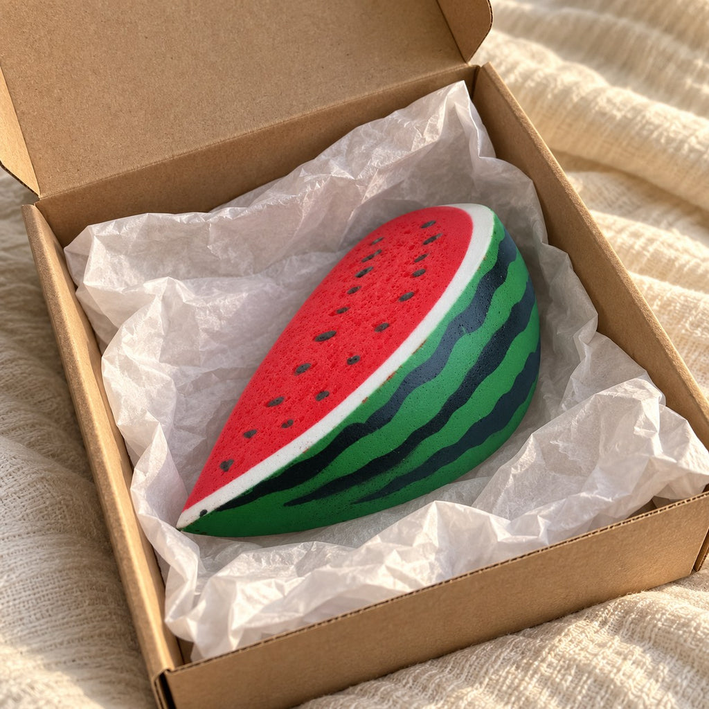 Watermelon squishy, unboxed from a parcel with tissue paper