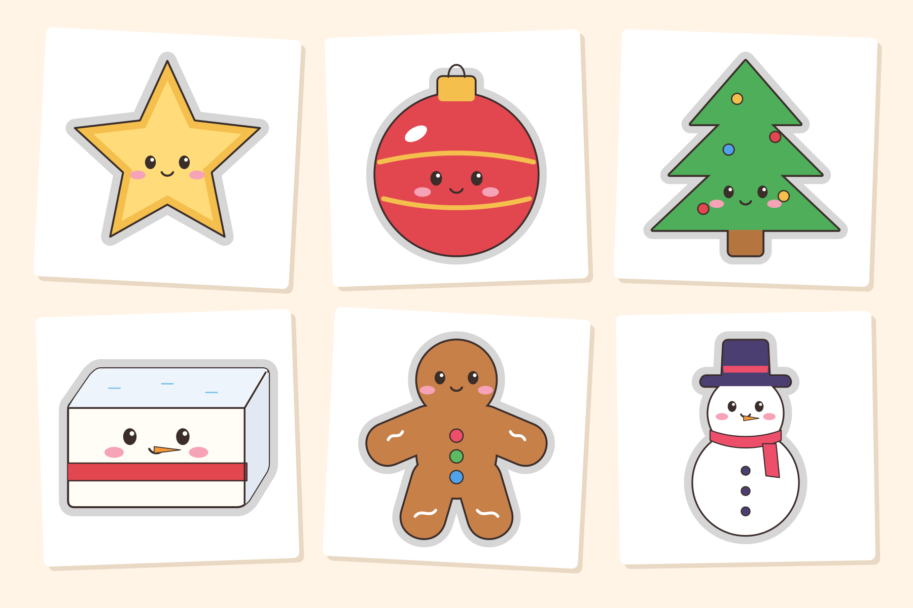 Squishy Vorlage für Weihnachten: Stern, rote Kugel, Tannenbaum, Schneemann-Butter, Lebkuchenmann und Schneemann