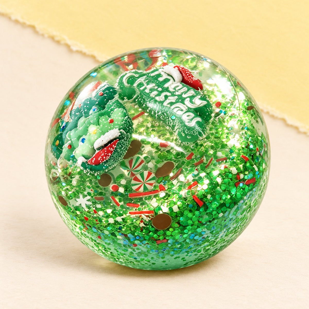 Weihnachtskugel Squishy mit Schneeflocke in Grün, 6,5 cm, mit Kokosöl in der Geschenkbox
