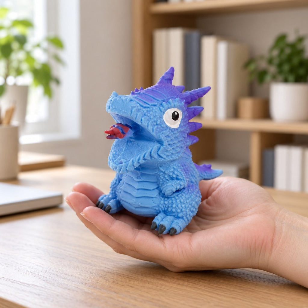 In der Hand gehalten: Wende-Dino-Ei Squishy (blau, Dino-Motiv zufällig) in echter Größe