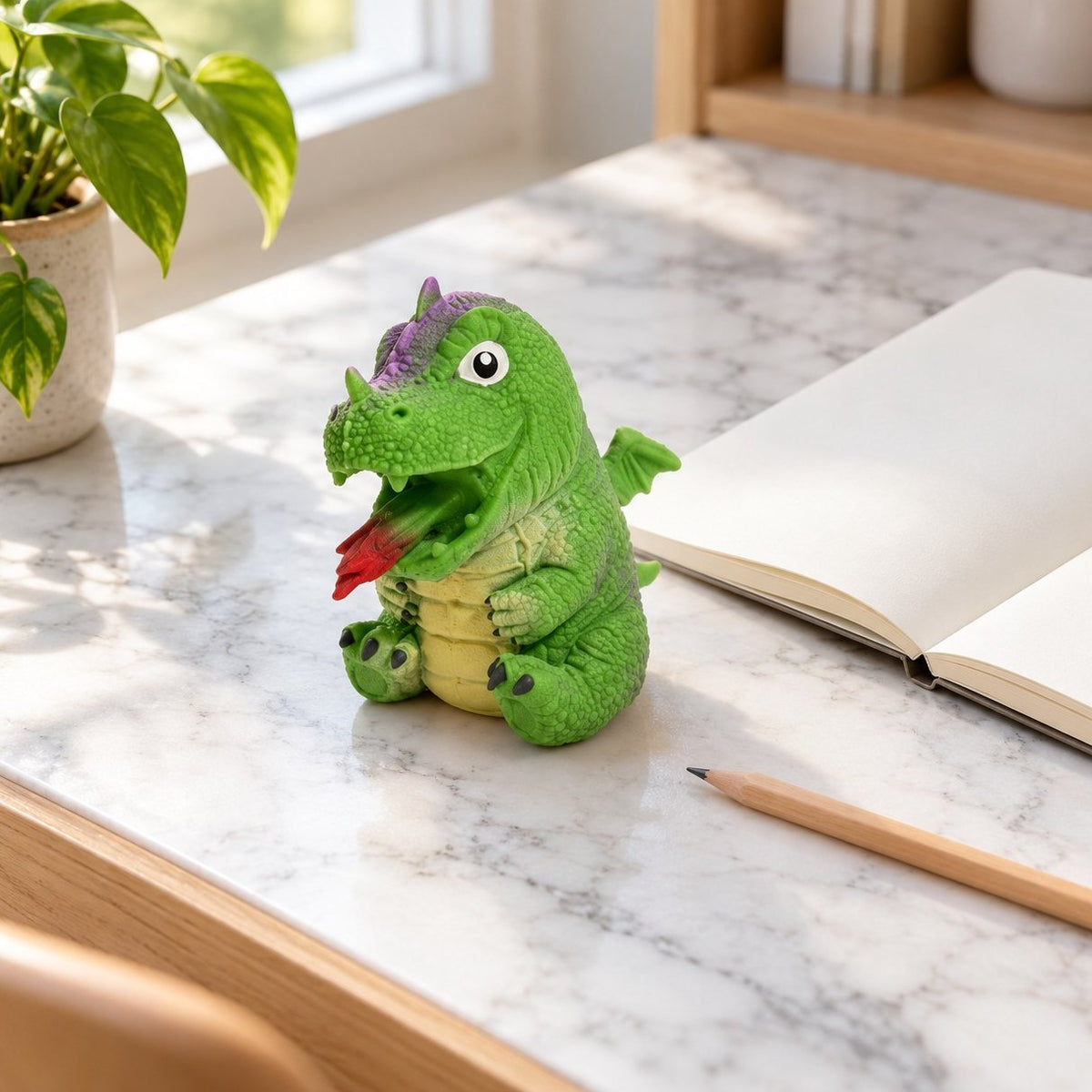 Auf dem Schreibtisch: Wende-Dino-Ei Squishy zum Umstülpen (grün, Dino-Motiv zufällig) mit Notizbuch und Bleistift