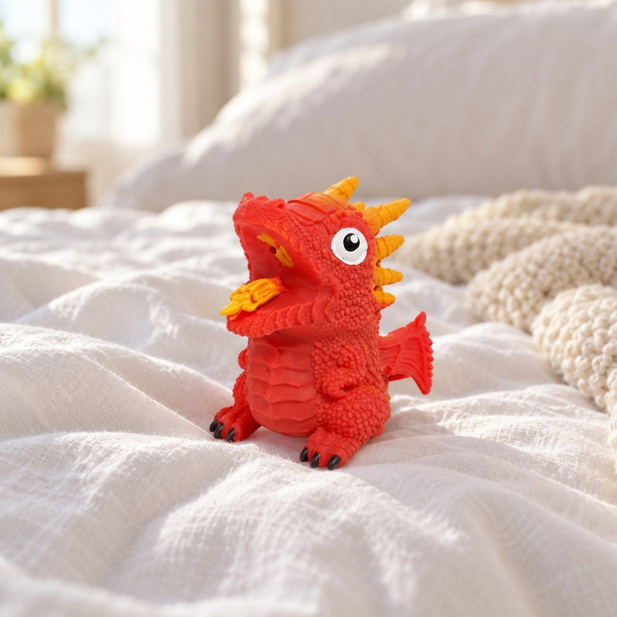 Wende-Dino-Ei Squishy zum Umstülpen (rot, Dino-Motiv zufällig) auf einem gemütlichen Bett mit weichen Decken