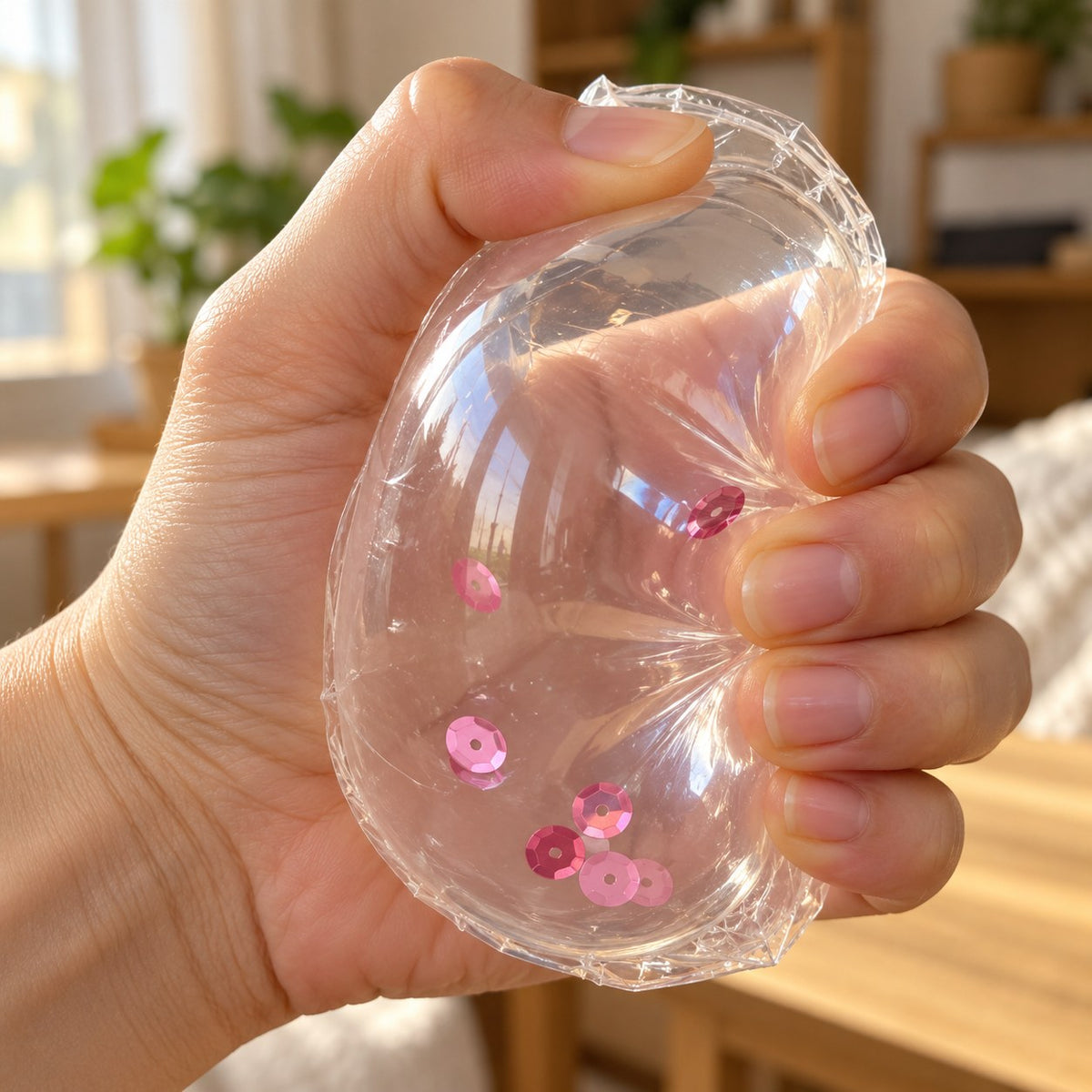 Wide nano tape for big squishy bubbles, a big bubble squeezed in the hand