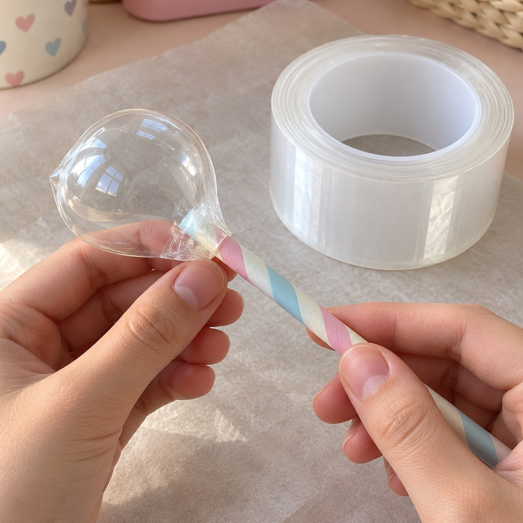 Wide nano tape for big squishy bubbles, a bubble being blown up with a straw