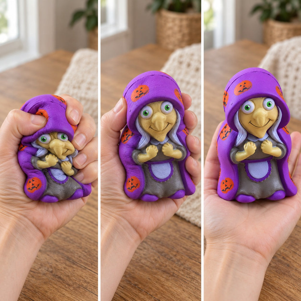 Witch squishy, squished flat, half risen and fully back in shape