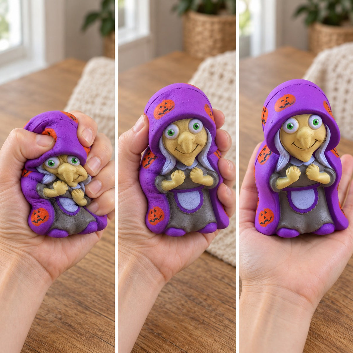 Witch squishy, squished flat, half risen and fully back in shape