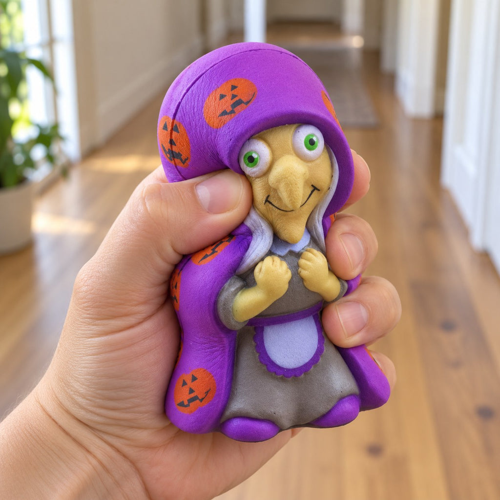 Witch Squishy for Halloween, Slow Rising, being squeezed by hand, soft and squishy